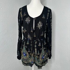 Anna Sui Oneil Black Beaded Sequin Festival Romper Bell Sleeve Women's Size Med